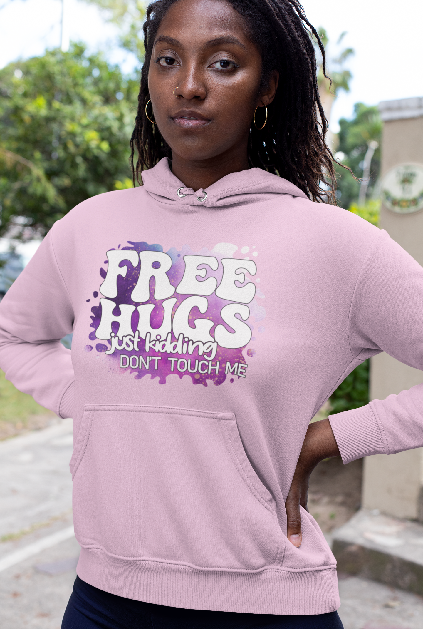 Free Hugs Just Kidding Don’t Touch Me Drawstring Hooded Sweatshirt